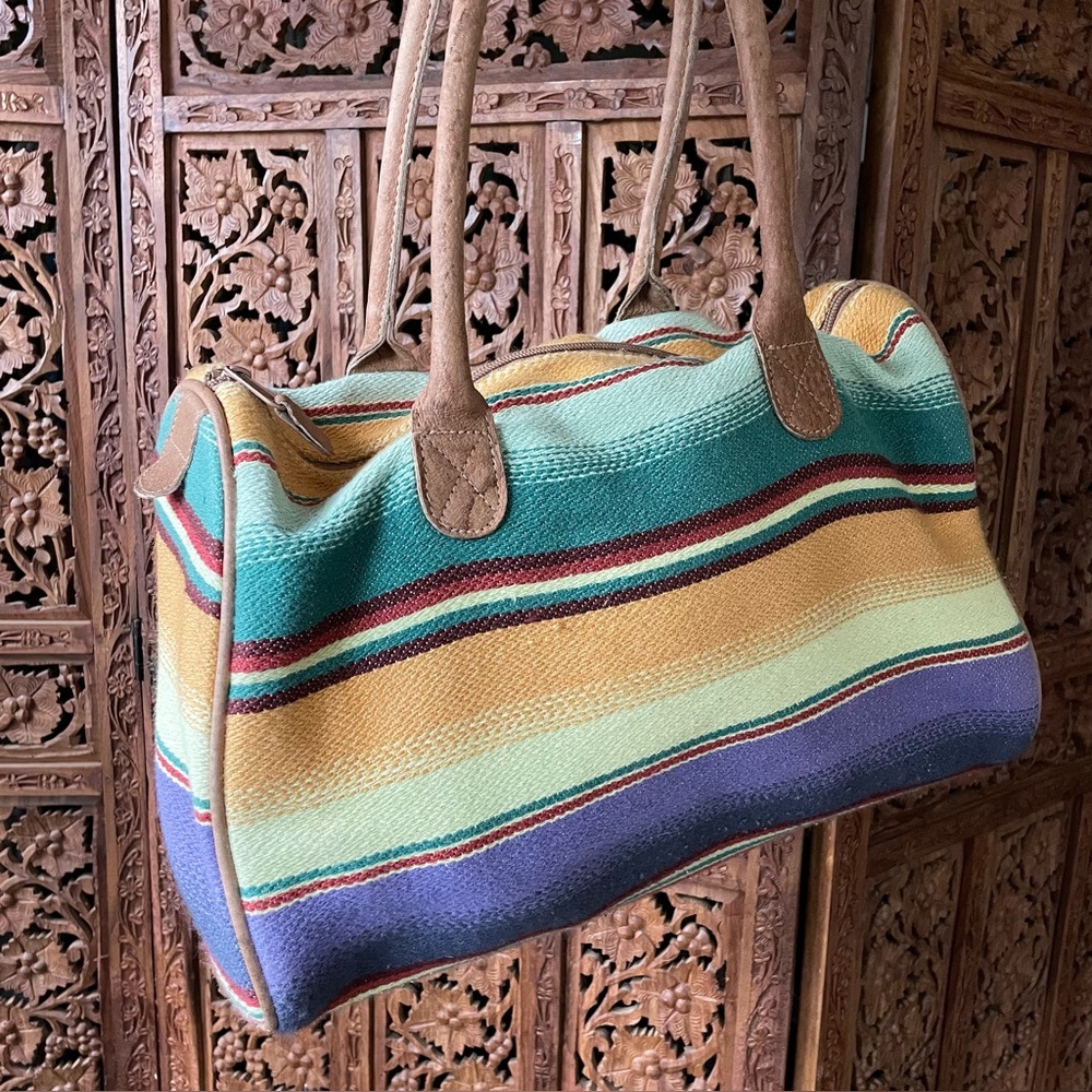VINTAGE Baja blanket style woven cotton and leather Tote Bag